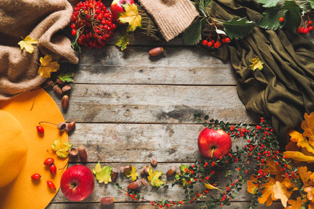 Beautiful autumn composition with space for text on wooden backgroundの写真素材