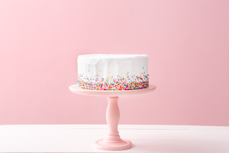 Tasty Birthday cake on table against color backgroundの写真素材