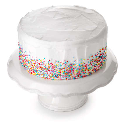 Tasty Birthday cake on white background