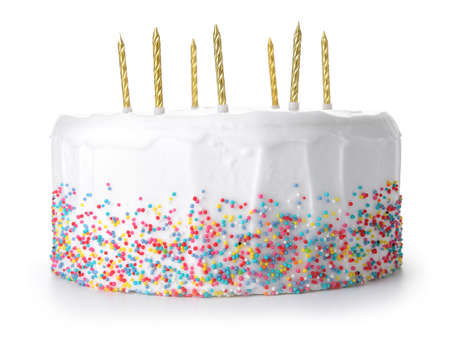Tasty Birthday cake on white background