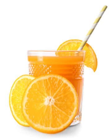 Glass of fresh orange juice on white backgroundの写真素材