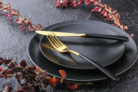 Beautiful table setting on dark backgroundの写真素材