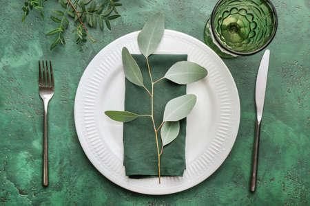 Beautiful table setting with eucalyptus on color backgroundの写真素材