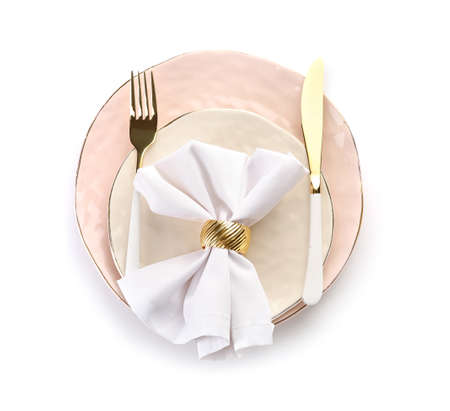 Beautiful table setting on white backgroundの写真素材