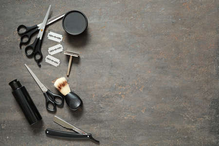 Set for male shaving on gray background