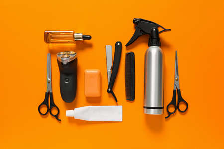 Set for male shaving on color backgroundの写真素材