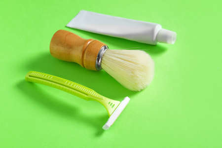 Set for male shaving on color backgroundの写真素材