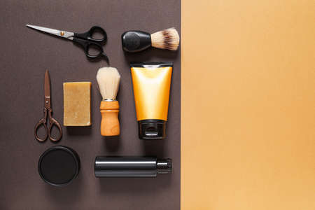 Set for male shaving on color backgroundの写真素材