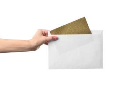 Female hand with envelope on white background