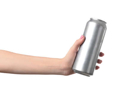 Female hand with tin can on white background