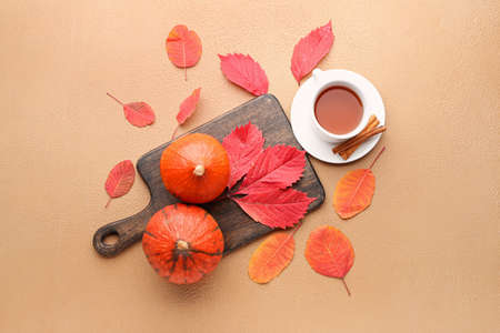Beautiful autumn composition with pumpkins, cup of tea and leaves on color background