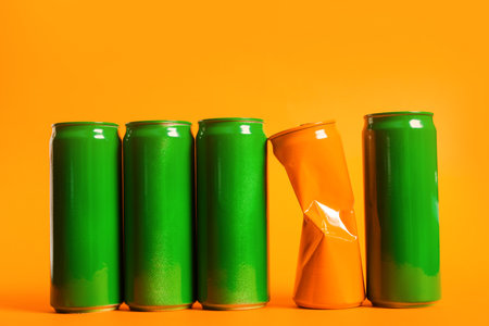 Crumpled orange can among green ones on color background. Concept of uniquenessの写真素材