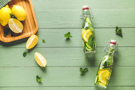 Composition with healthy infused water on wooden backgroundの写真素材