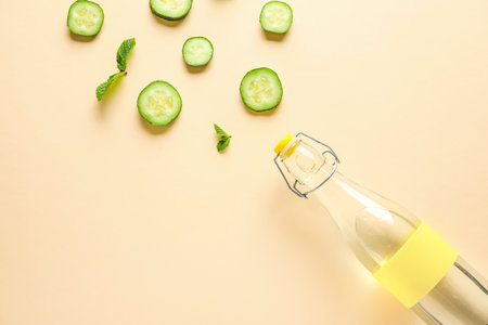 Bottle of cold cucumber water on light backgroundの写真素材