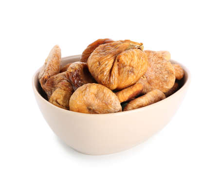 Bowl with dried figs on white backgroundの写真素材