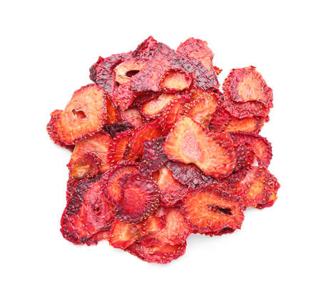 Tasty dried strawberries on white backgroundの写真素材