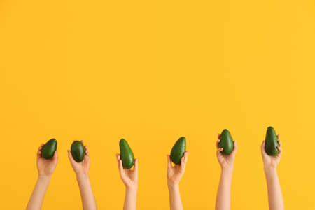 Female hands with fresh avocados on color backgroundの写真素材