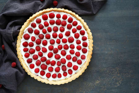 Tasty raspberry pie on tableの写真素材
