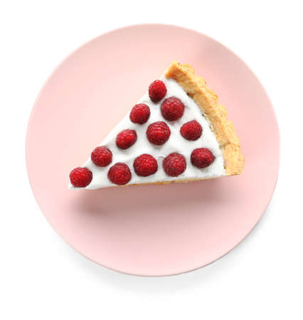 Plate with piece of tasty berry pie on white background