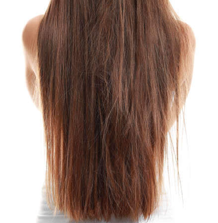 Woman with tangled and smooth hair on white background, back viewの写真素材