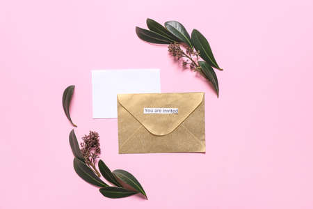 Invitation with envelope on color backgroundの写真素材