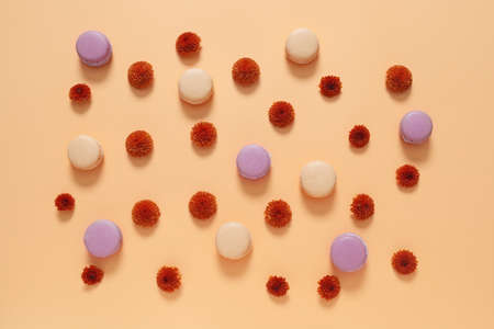 Tasty macarons with flowers on color backgroundの写真素材