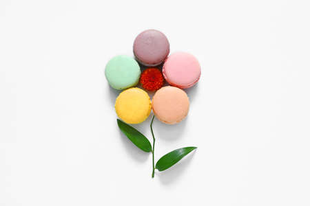 Creative composition with macarons on white backgroundの写真素材
