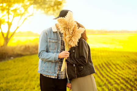 Happy young couple in countrysideの写真素材