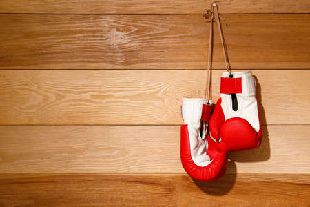 Pair of boxing gloves hanging on wooden wall