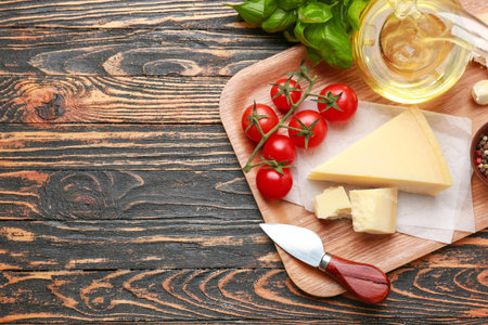 Composition with tasty Parmesan cheese and tomatoes on wooden backgroundの写真素材