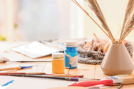 Set of artist's tools on table, closeupの写真素材