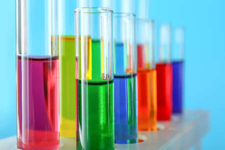 Test tubes with samples on color background, closeupの写真素材