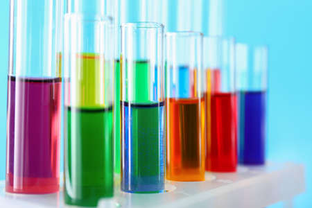 Test tubes with samples on color background, closeupの写真素材