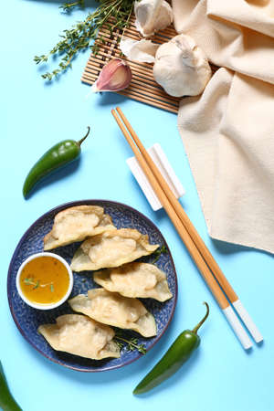 Plate with tasty Japanese gyoza and sauce on color backgroundの写真素材