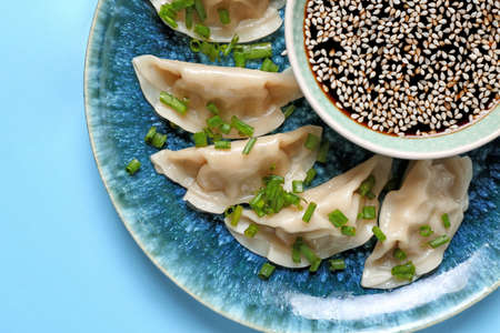 Plate with tasty Japanese gyoza and sauce on color background, closeup