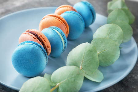 Different tasty macarons on plate, closeup