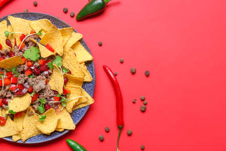 Plate with tasty chili con carne and nachos on color backgroundの写真素材