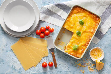 Tasty baked lasagna on color backgroundの写真素材