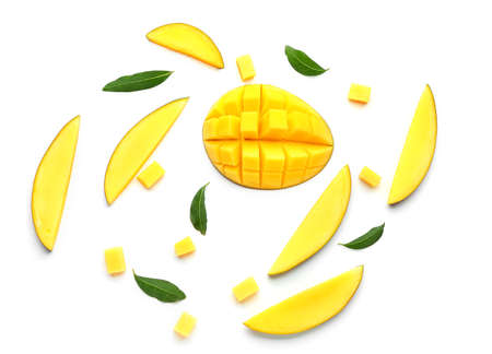 Pieces of tasty mango fruit on white backgroundの写真素材