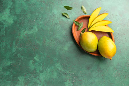 Plate with mango fruit on color background