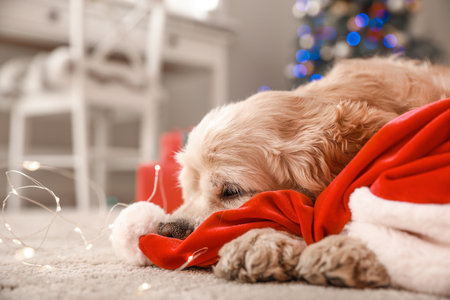 Cute dog with Santa hat in room decorated for Christmasの写真素材