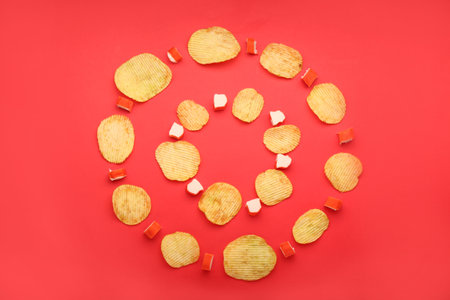 Tasty potato chips and crab sticks on color backgroundの写真素材