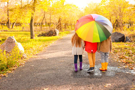 Cute little children with umbrella in autumn parkの写真素材