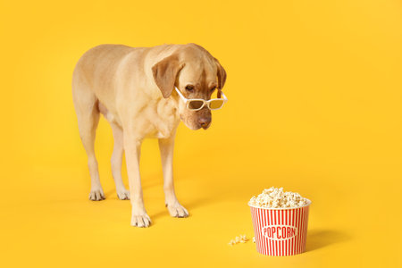 Adorable dog with bucket of popcorn and 3d glasses on color backgroundの写真素材