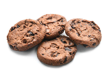 Tasty cookies with chocolate chips on white background