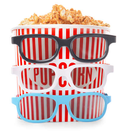 Bucket with tasty popcorn and 3D glasses on white background