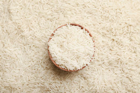 Bowl with raw rice, top viewの写真素材