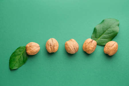 Tasty walnuts with leaves on color backgroundの写真素材