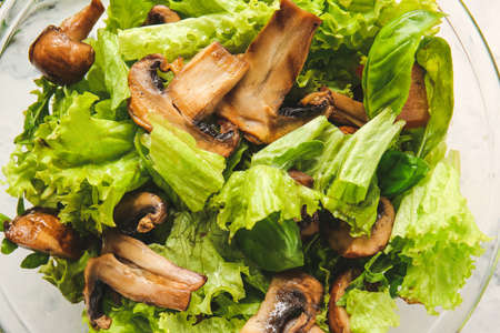 Bowl with tasty mushroom salad, closeupの写真素材