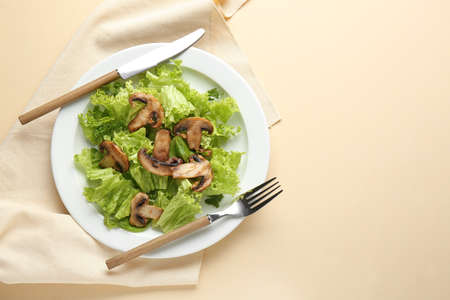 Plate with tasty mushroom salad on color backgroundの写真素材